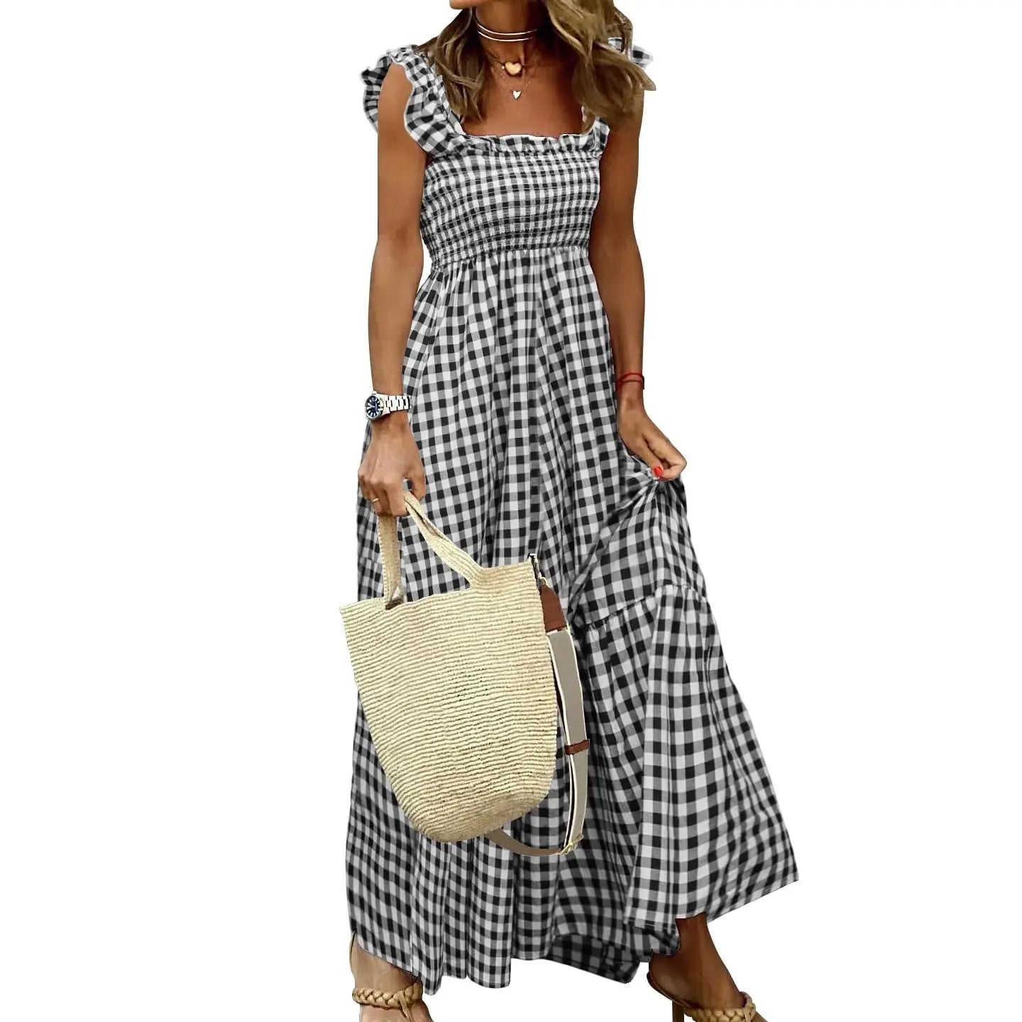 Sandra | Retro Checked Smocked Midi Dress