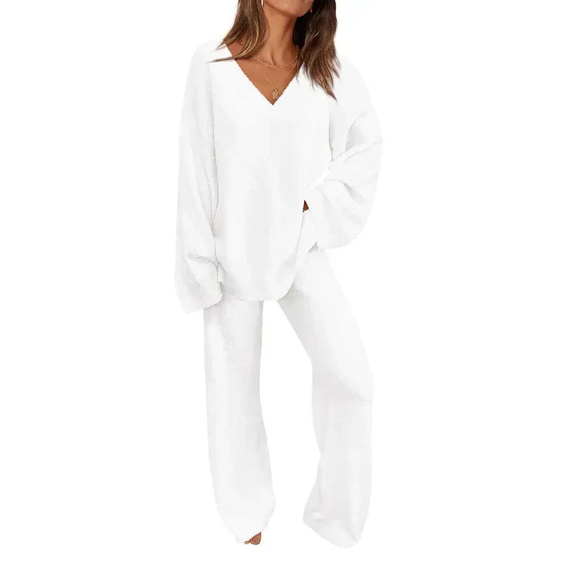 REBECCA™ - Women’s 2-Piece Lounge Set Soft Chunky V-Neck Top & Wide Leg Pants for Homewear