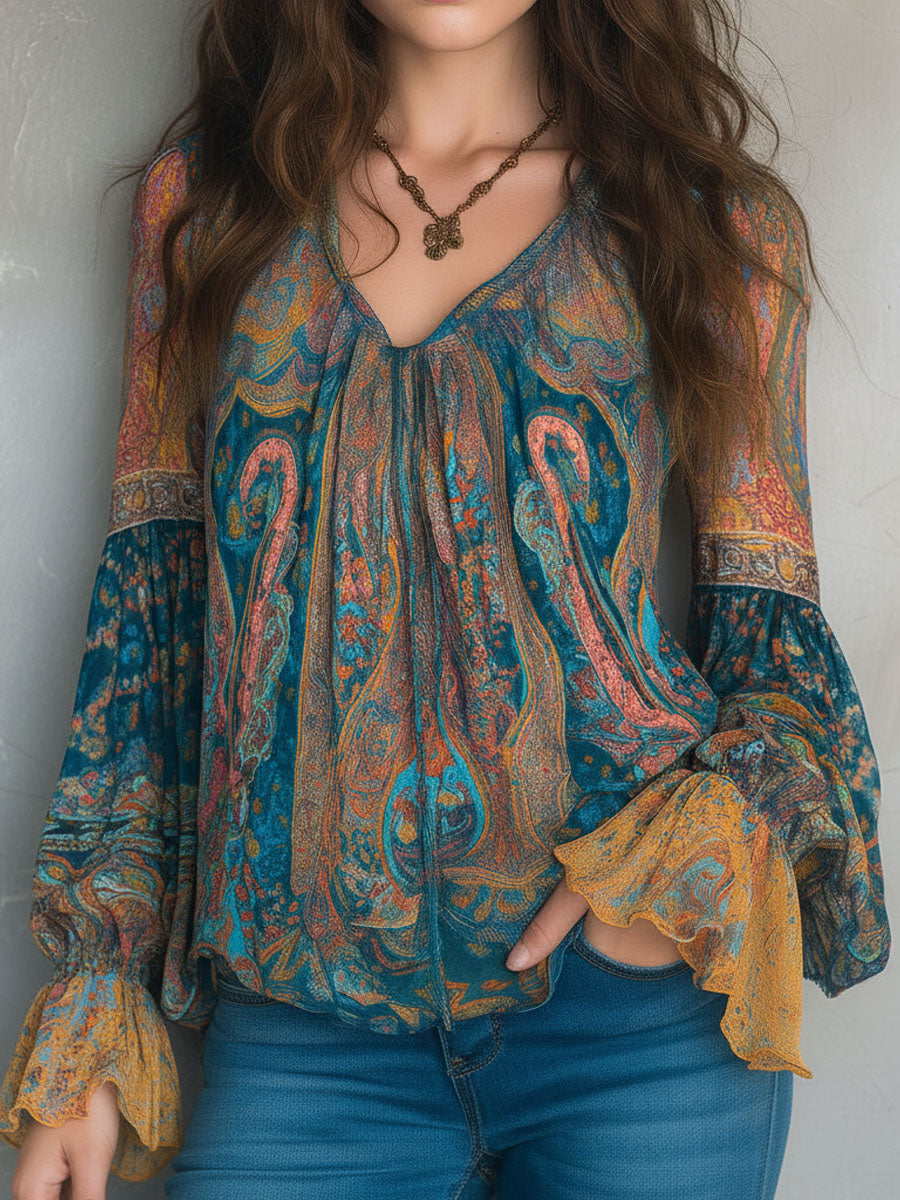 Hilary | Bohemian Teal and Amber Paisley Blouse with Ruffled Cuffs