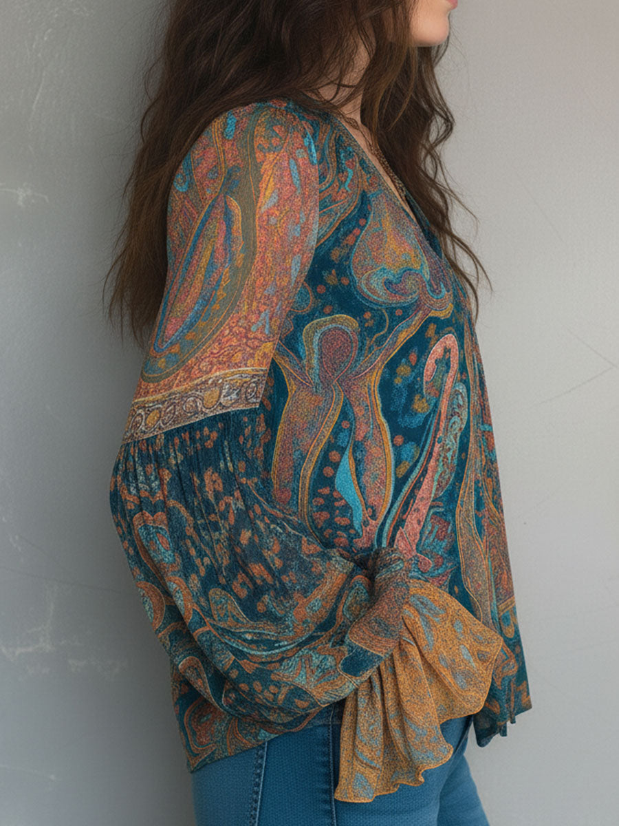 Hilary | Bohemian Teal and Amber Paisley Blouse with Ruffled Cuffs