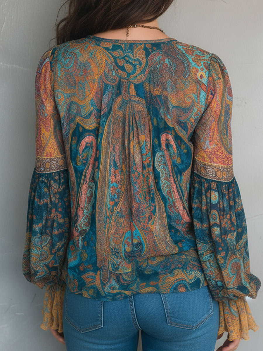 Hilary | Bohemian Teal and Amber Paisley Blouse with Ruffled Cuffs