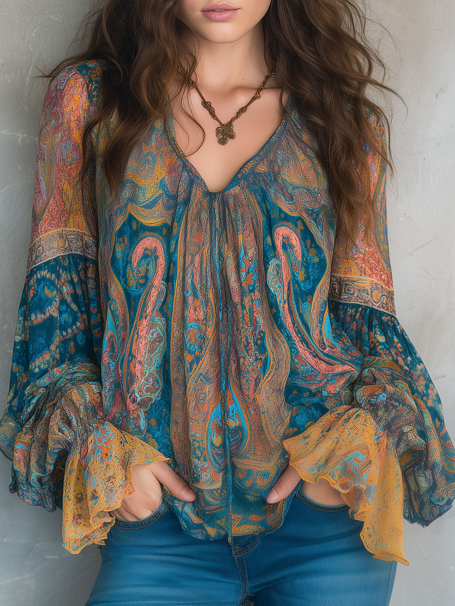 Hilary | Bohemian Teal and Amber Paisley Blouse with Ruffled Cuffs