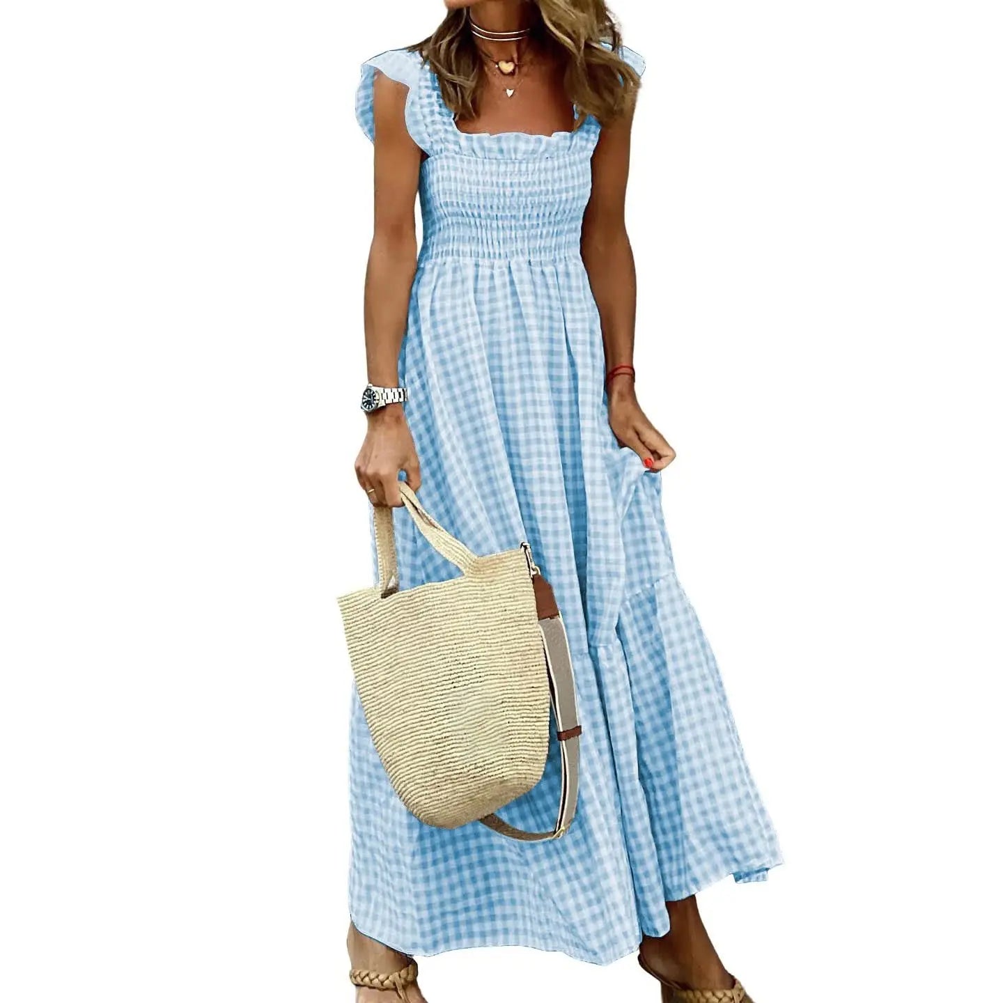 Sandra | Retro Checked Smocked Midi Dress