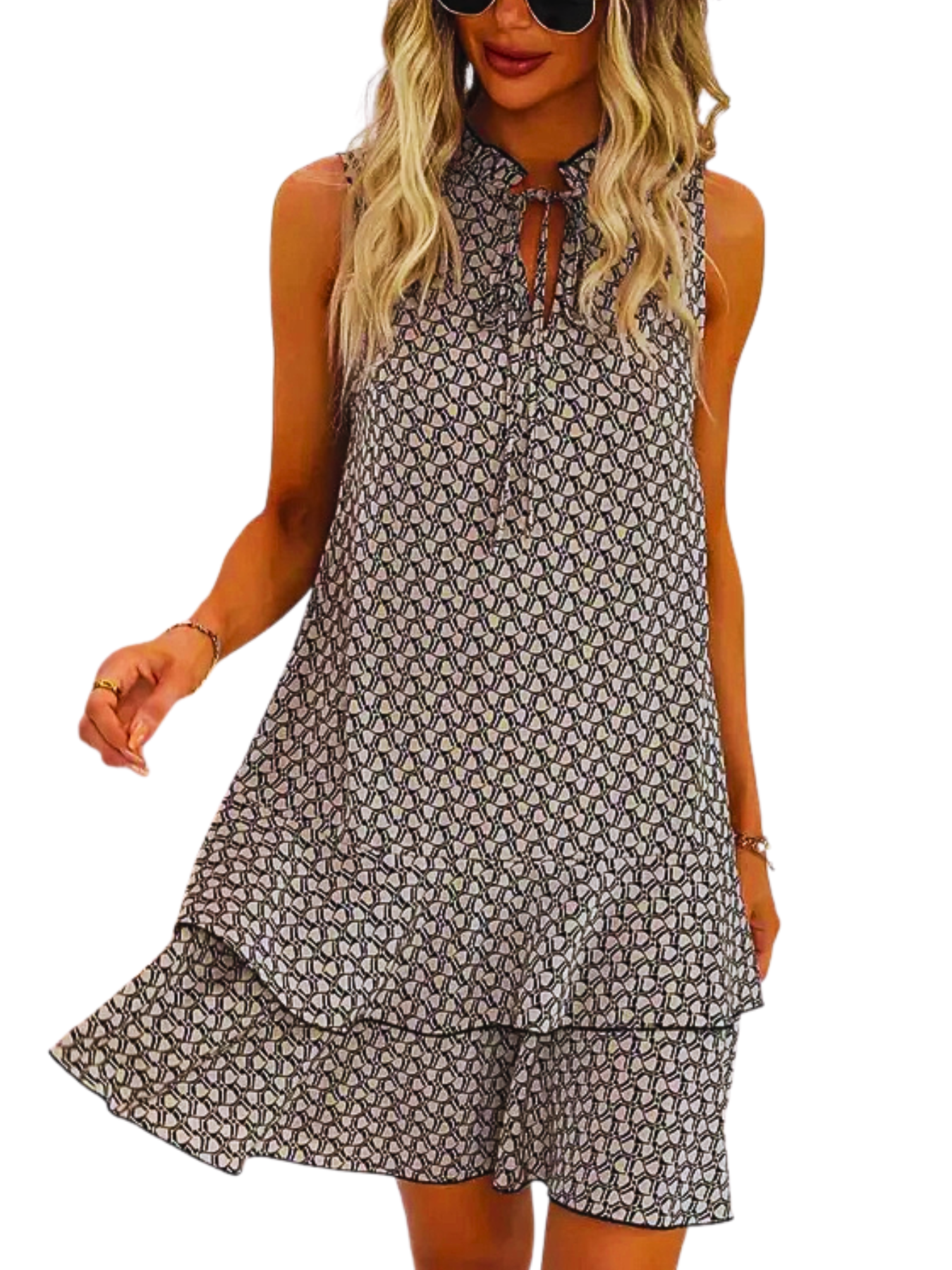 DORA™ - Women’s Geometric Print Bow Dress Casual Fitted Woven Dress with Multi-Layer Cake Skirt