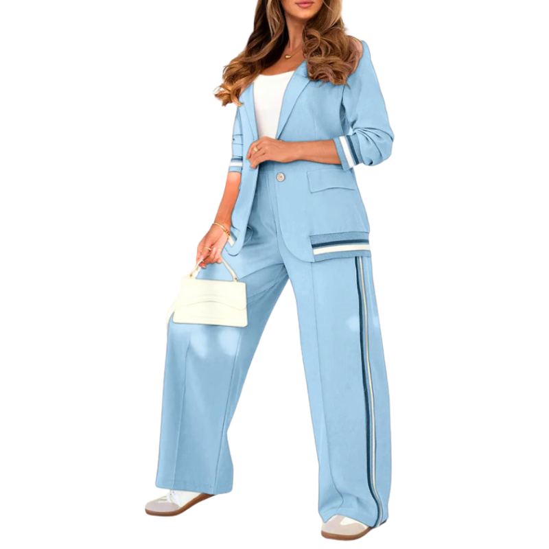 SUZETTE™ – Elegant Patchwork Lapel Neck Top and Elastic Waist Trouser Set