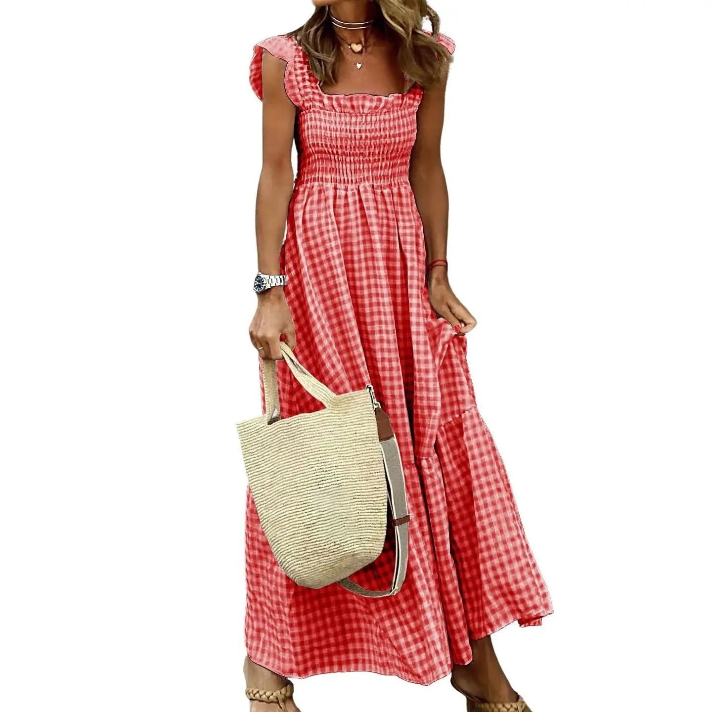 Sandra | Retro Checked Smocked Midi Dress