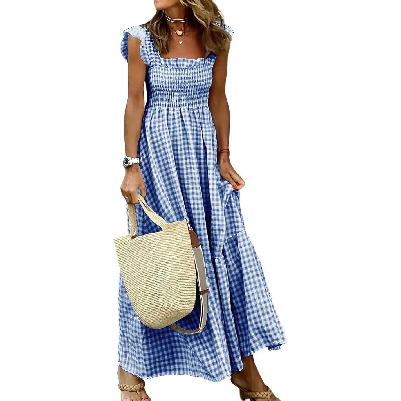 Sandra | Retro Checked Smocked Midi Dress