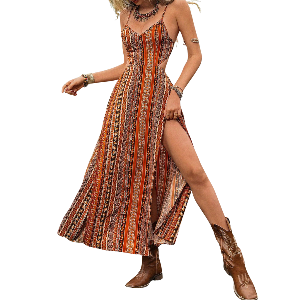 DELARA™ – Boho Print Backless Slit Dress