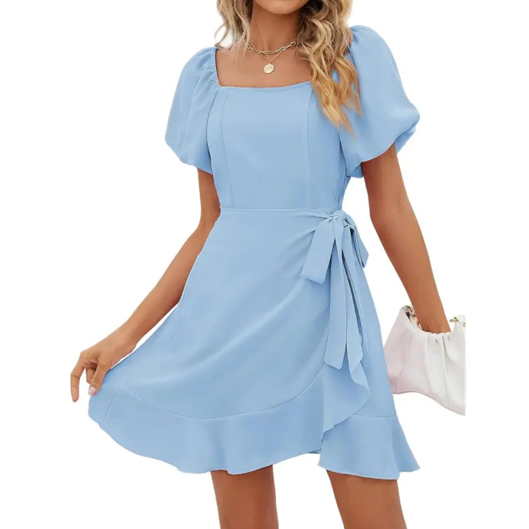 WINSLEY™ – Square Neck Puff Sleeve Tie Waist Short Dress