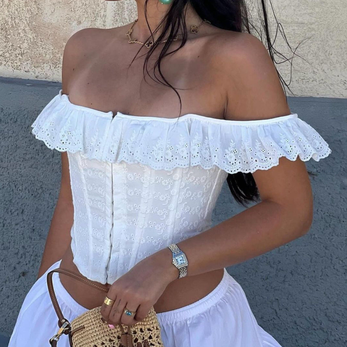 FANELLA™ – Vintage Eyelet Corset Square Neck Top