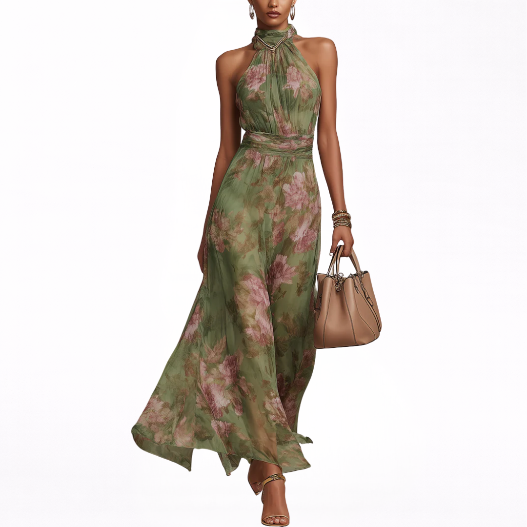 Floriane™ | Long Floral Halter Neck Dress