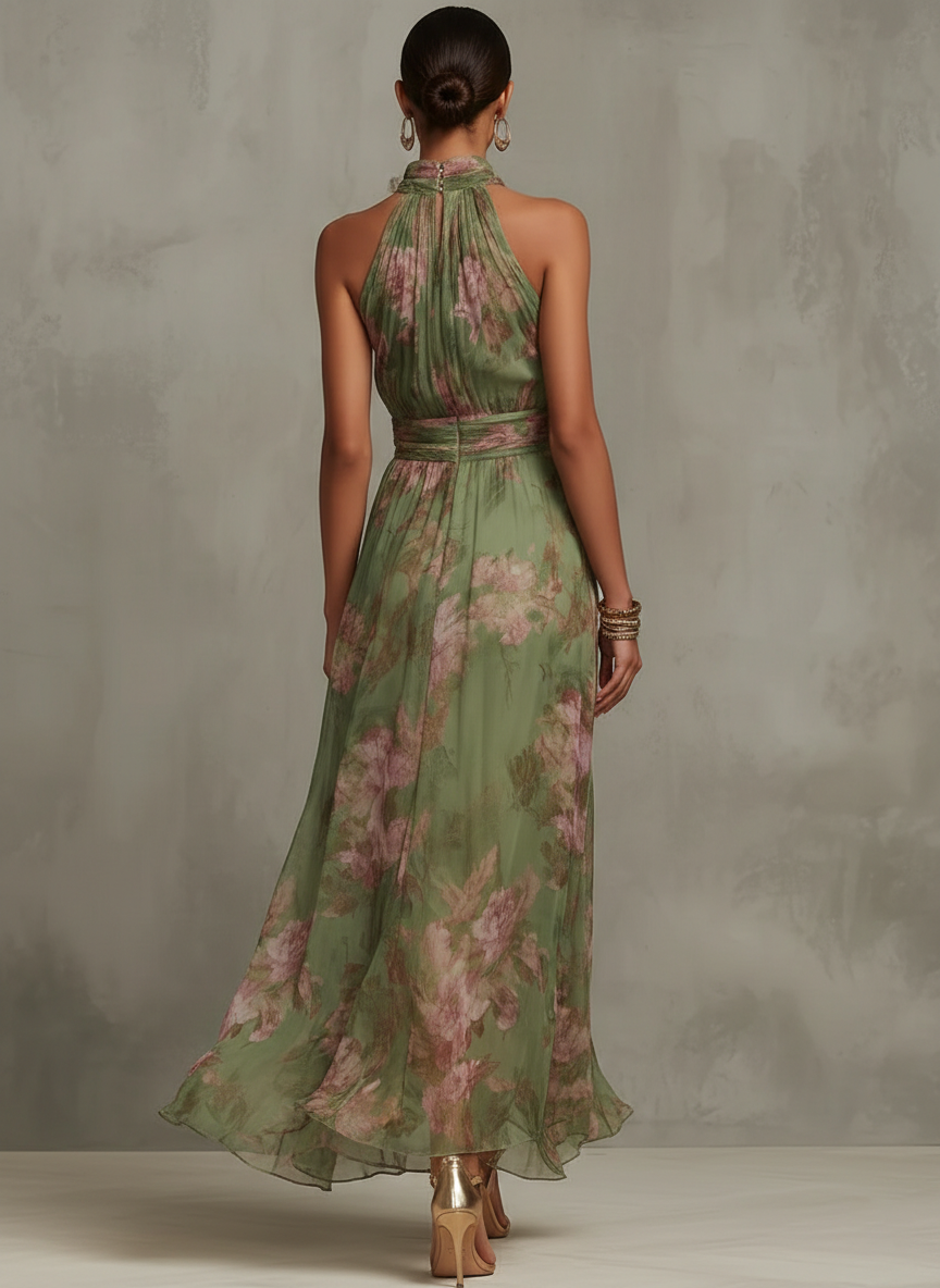 Hilary | Long Floral Chiffon Dress with Halterneck