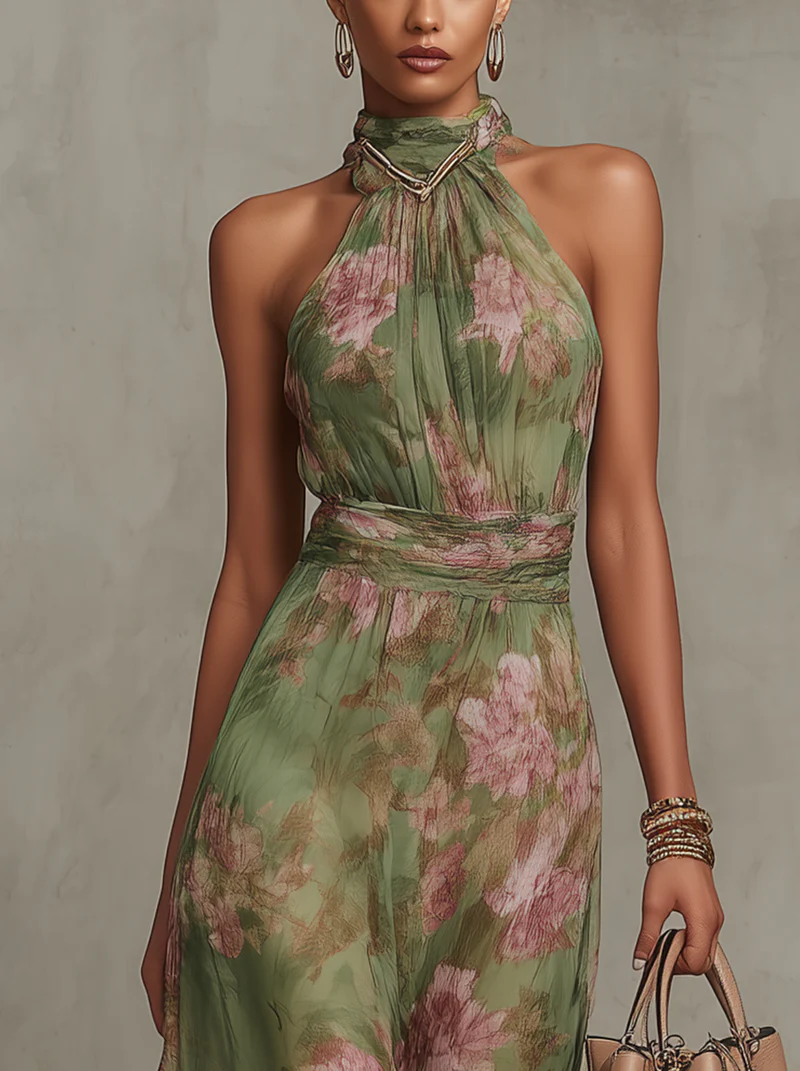 Hilary | Long Floral Chiffon Dress with Halterneck
