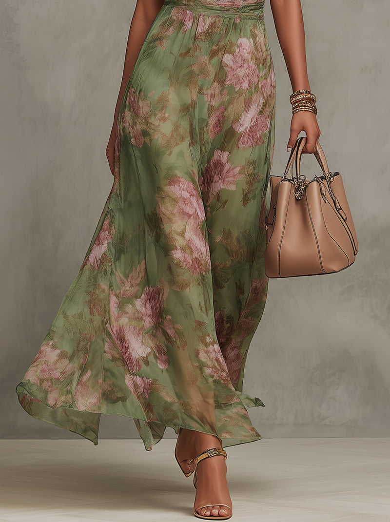 Hilary | Long Floral Chiffon Dress with Halterneck
