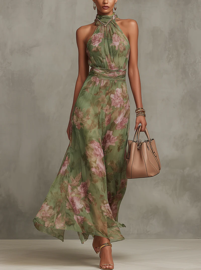 Hilary | Long Floral Chiffon Dress with Halterneck