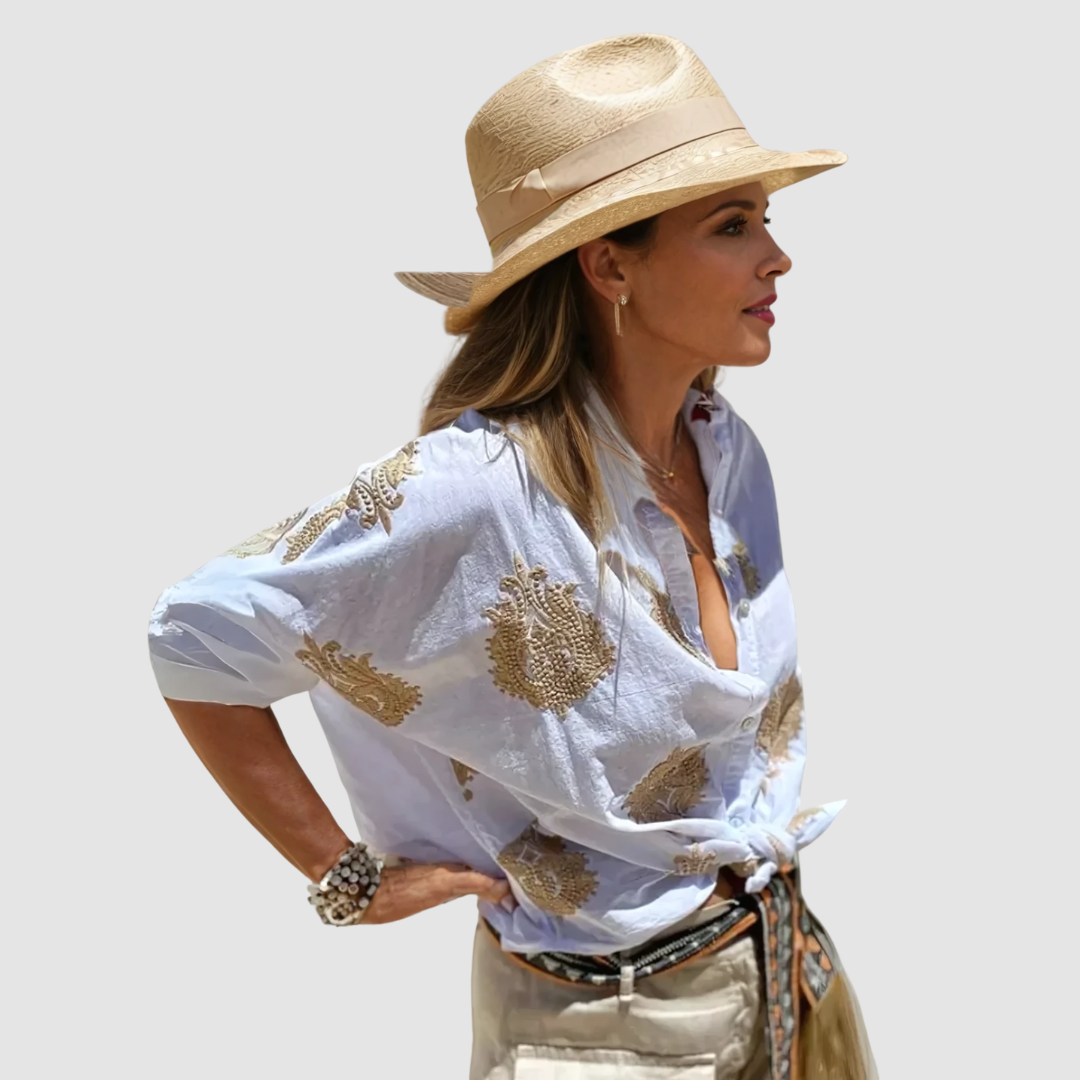 Marianne | Gold Embroidered Tie Front Blouse
