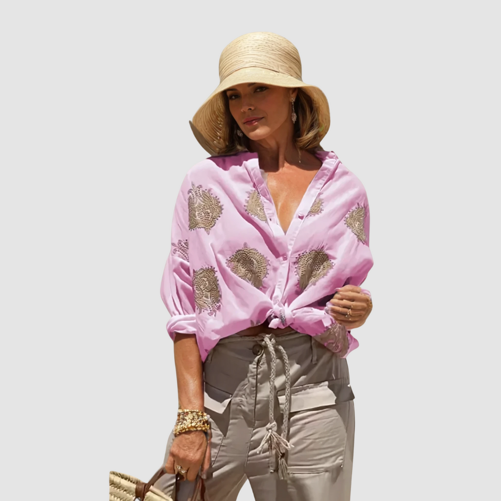 Marianne | Gold Embroidered Tie Front Blouse