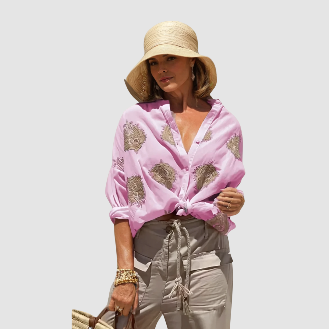 Marianne | Gold Embroidered Tie Front Blouse