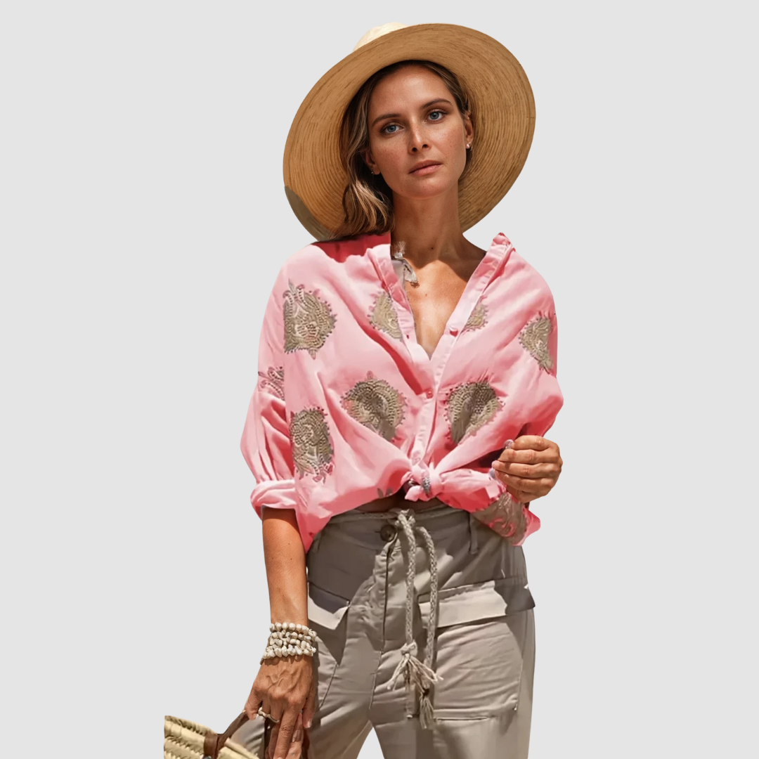 Marianne | Gold Embroidered Tie Front Blouse