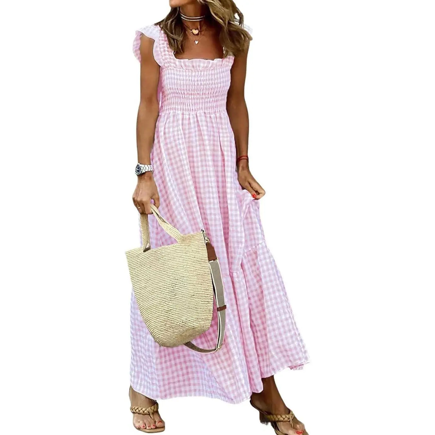 Sandra | Retro Checked Smocked Midi Dress