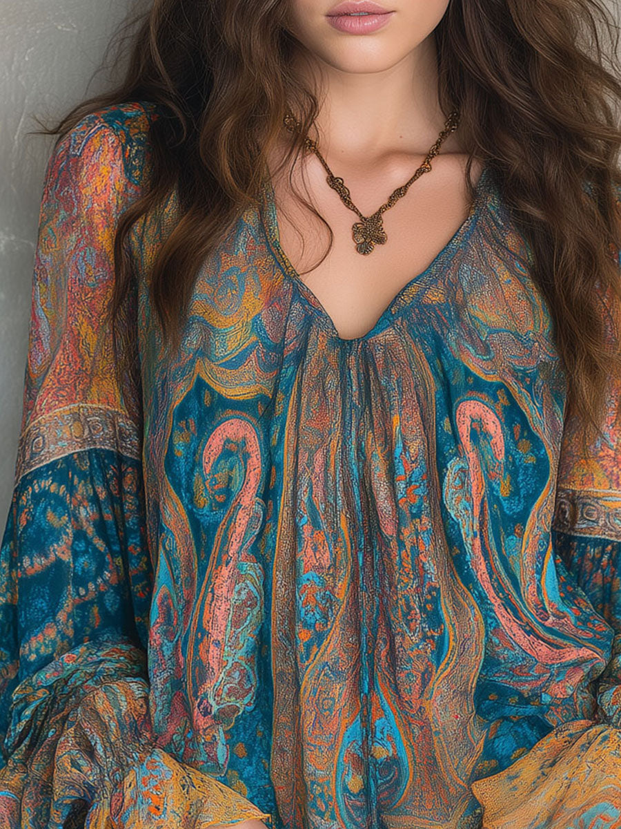 Hilary | Bohemian Teal and Amber Paisley Blouse with Ruffled Cuffs