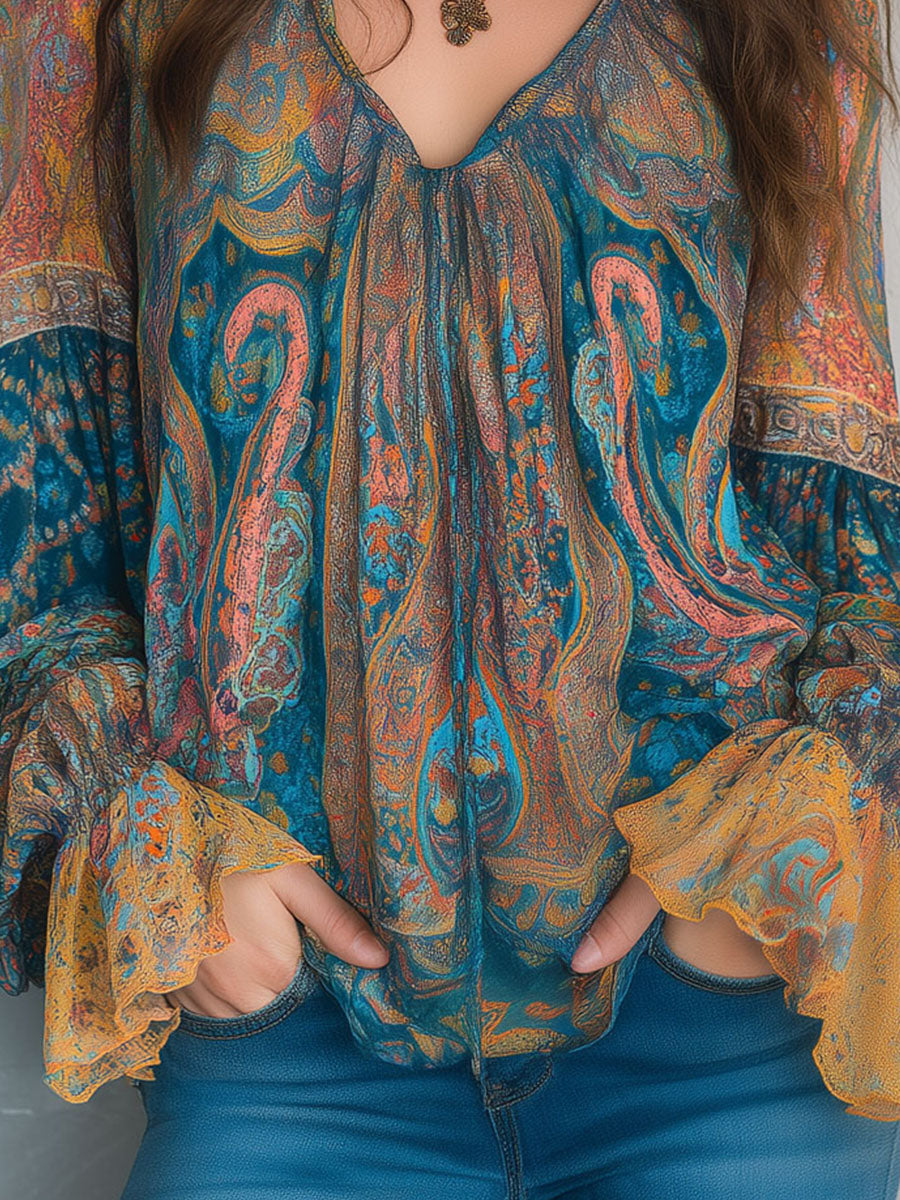 Hilary | Bohemian Teal and Amber Paisley Blouse with Ruffled Cuffs