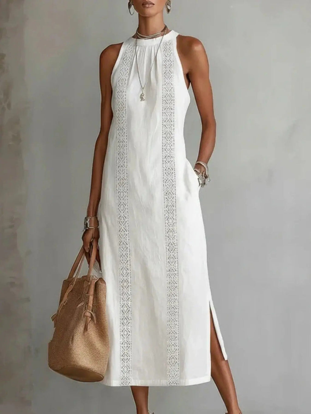 Sleeveless Midi Dress with Cutouts & Side Slit