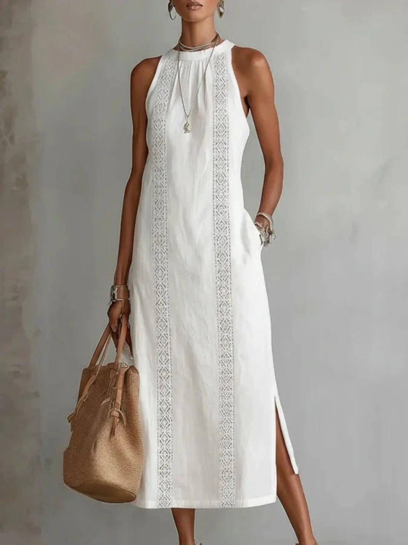 Sleeveless Midi Dress with Cutouts & Side Slit
