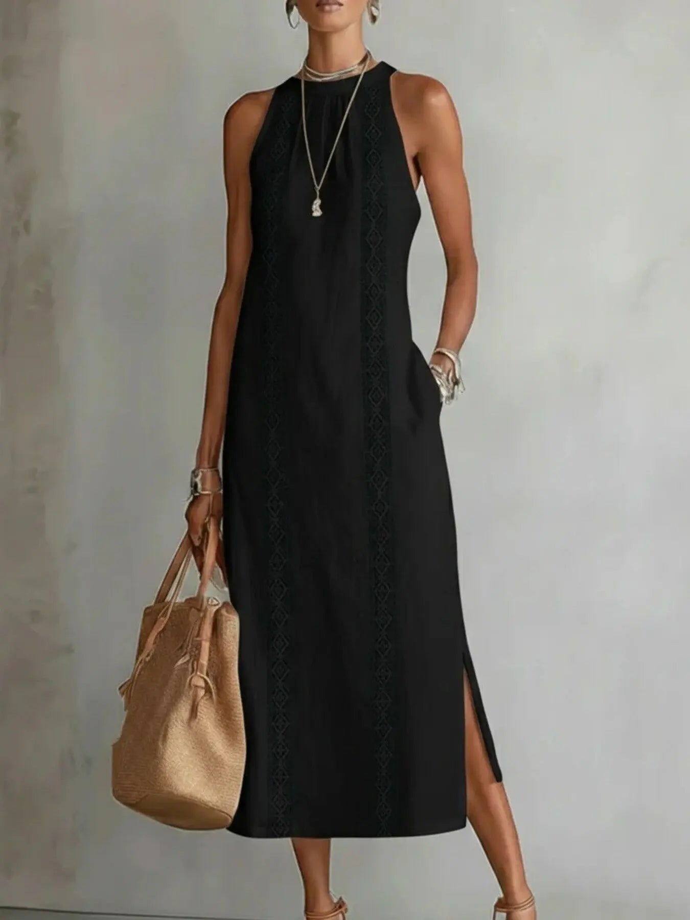 Sleeveless Midi Dress with Cutouts & Side Slit