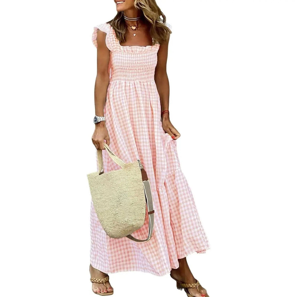 Sandra | Retro Checked Smocked Midi Dress