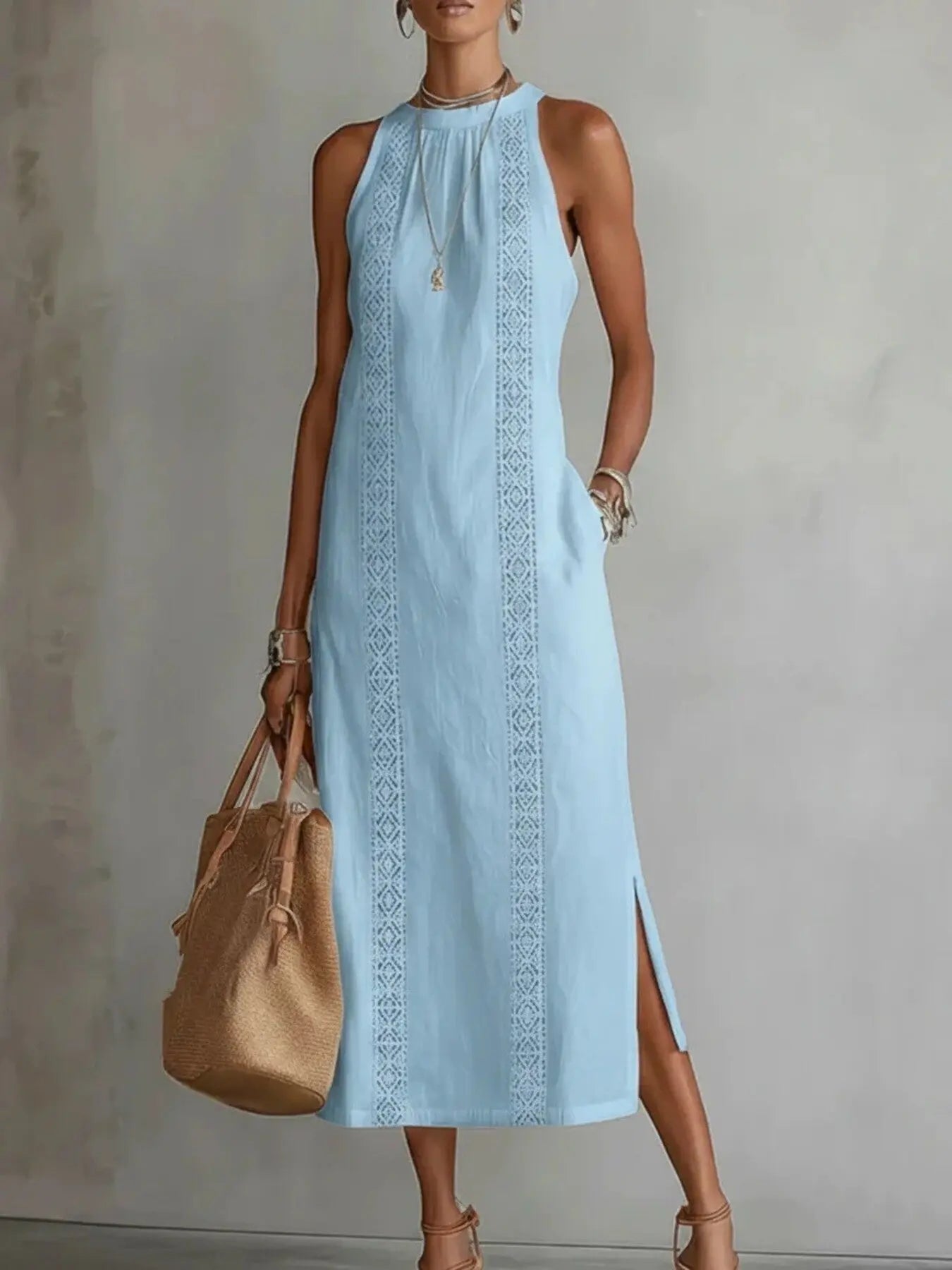 Sleeveless Midi Dress with Cutouts & Side Slit