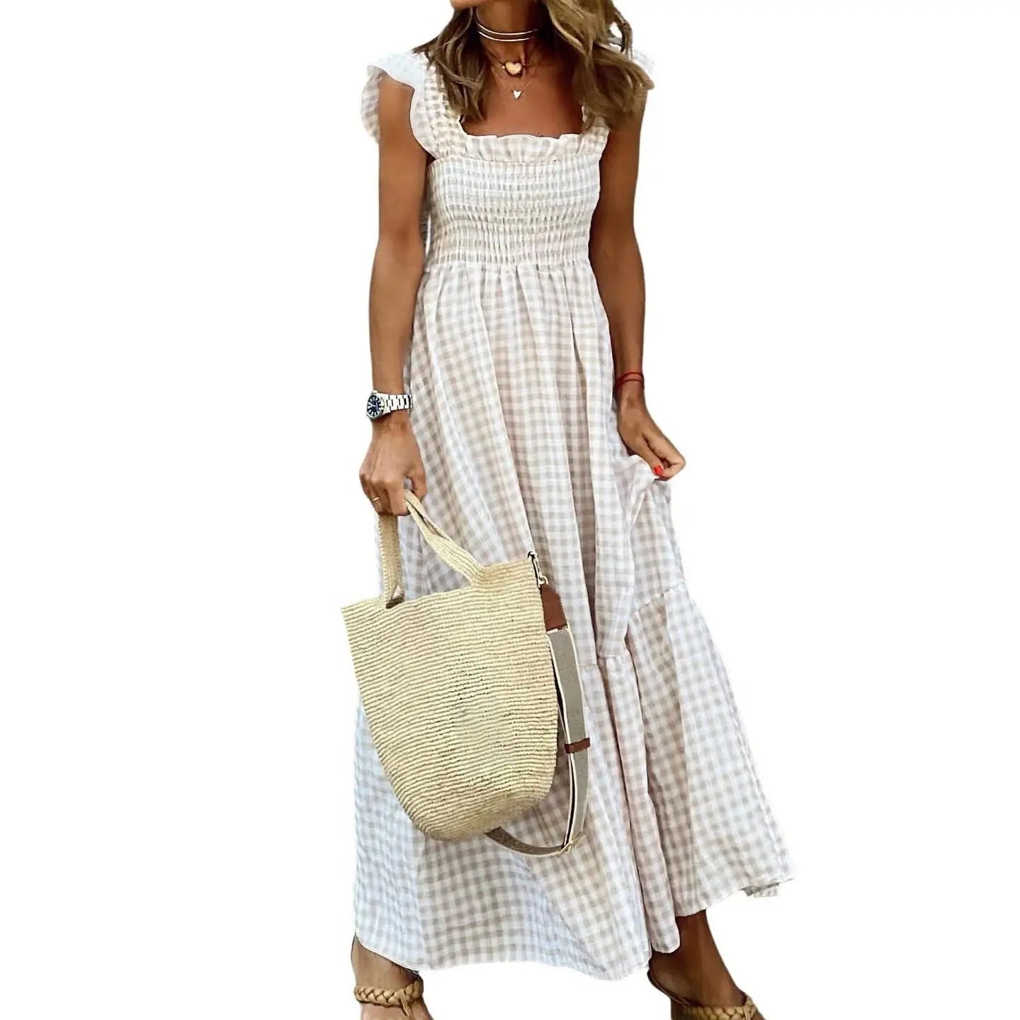 Sandra | Retro Checked Smocked Midi Dress