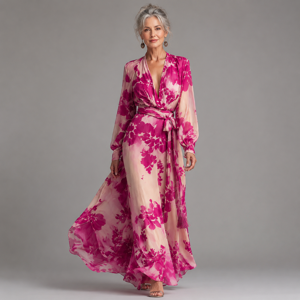 Diana | Rose Floral V-Neck Belted Maxi Dress
