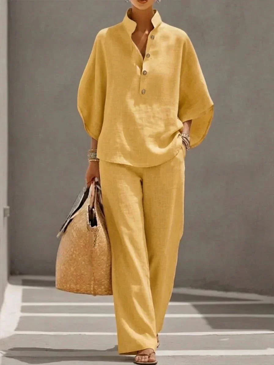 Maribel™ | Linen Suit with Batwing Sleeves and Wide-Leg Trousers