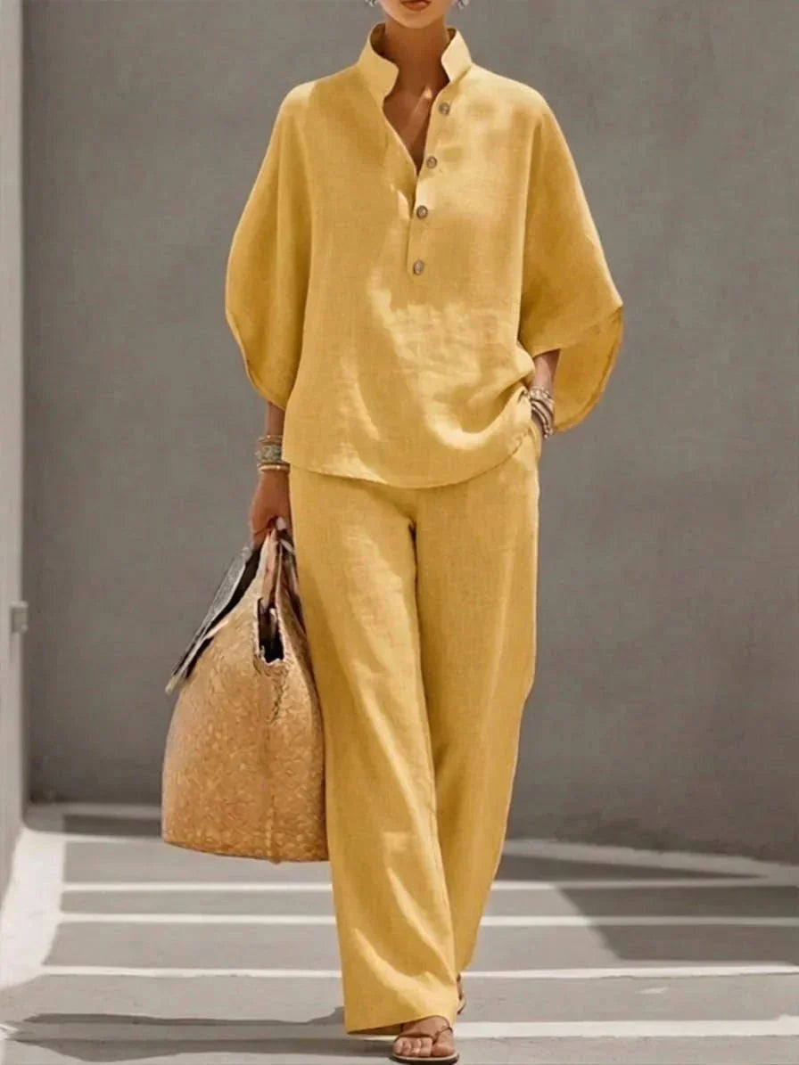 Maribel™ | Linen Suit with Batwing Sleeves and Wide-Leg Trousers
