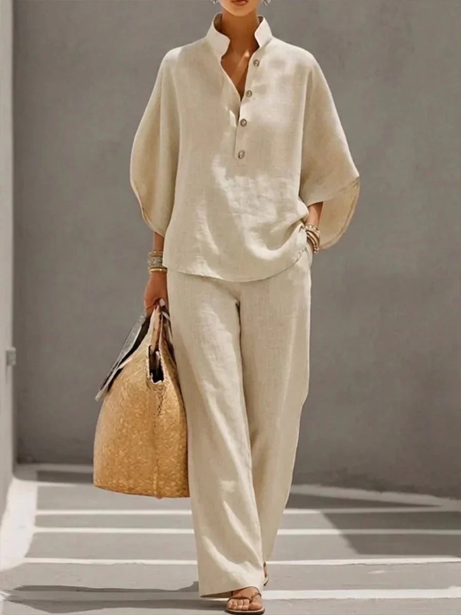 Maribel™ | Linen Suit with Batwing Sleeves and Wide-Leg Trousers