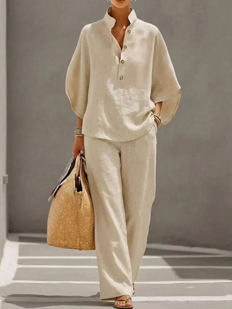 Maribel™ | Linen Suit with Batwing Sleeves and Wide-Leg Trousers
