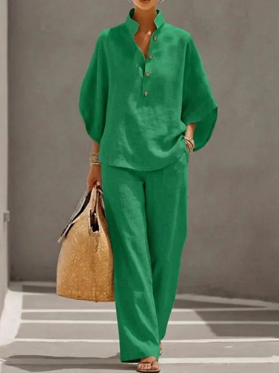 Maribel™ | Linen Suit with Batwing Sleeves and Wide-Leg Trousers