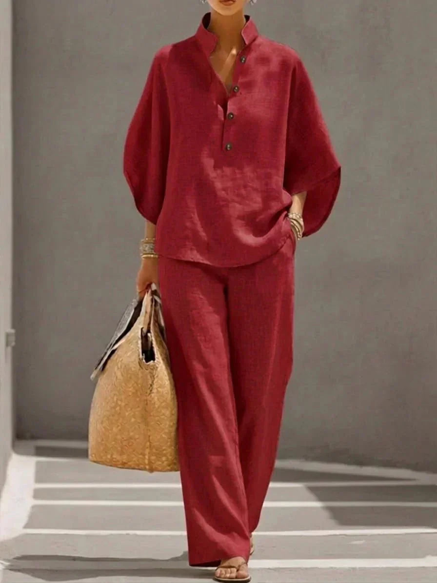 Maribel™ | Linen Suit with Batwing Sleeves and Wide-Leg Trousers
