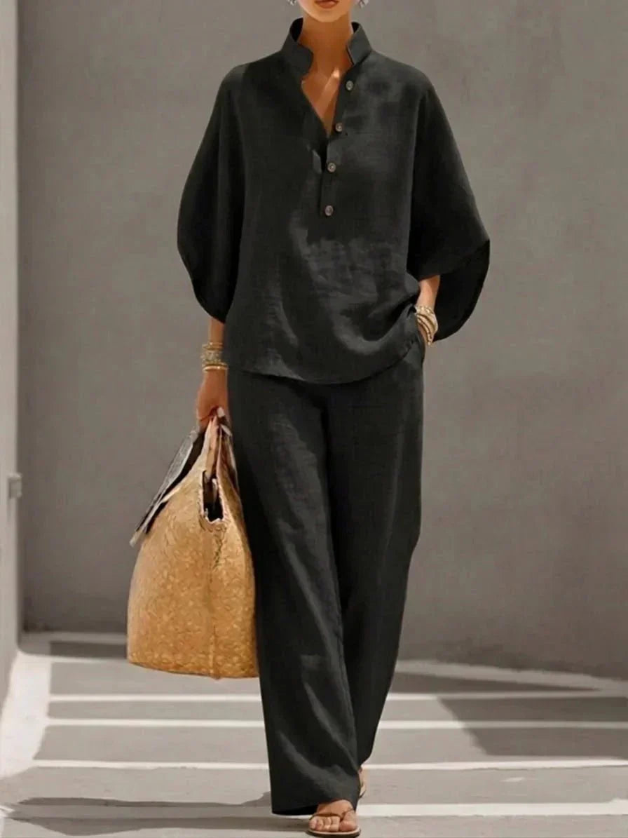 Maribel™ | Linen Suit with Batwing Sleeves and Wide-Leg Trousers