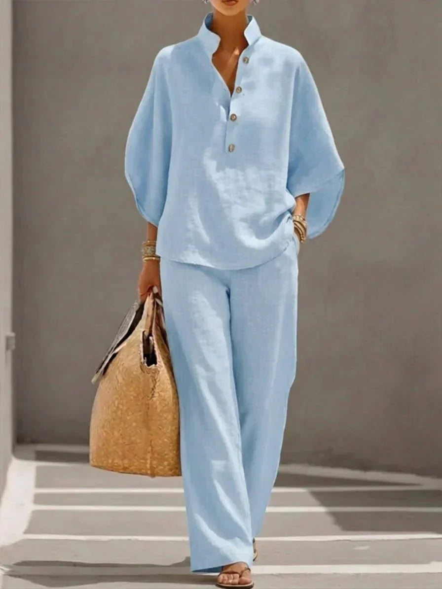 Maribel™ | Linen Suit with Batwing Sleeves and Wide-Leg Trousers