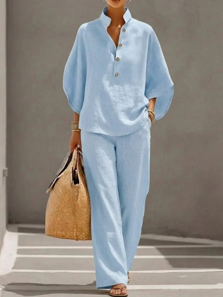 Maribel™ | Linen Suit with Batwing Sleeves and Wide-Leg Trousers