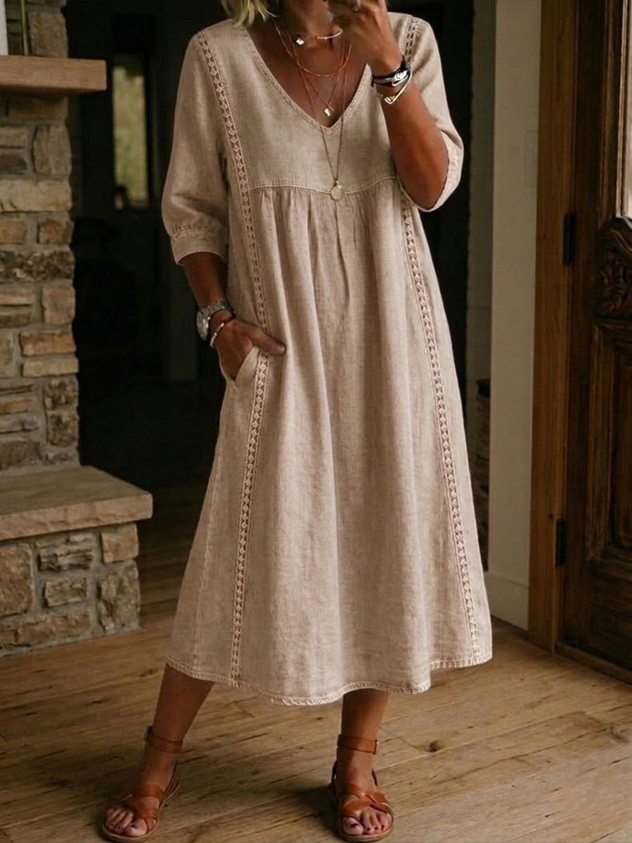 Aurélie | Loose Linen and Cotton Dress with Lace